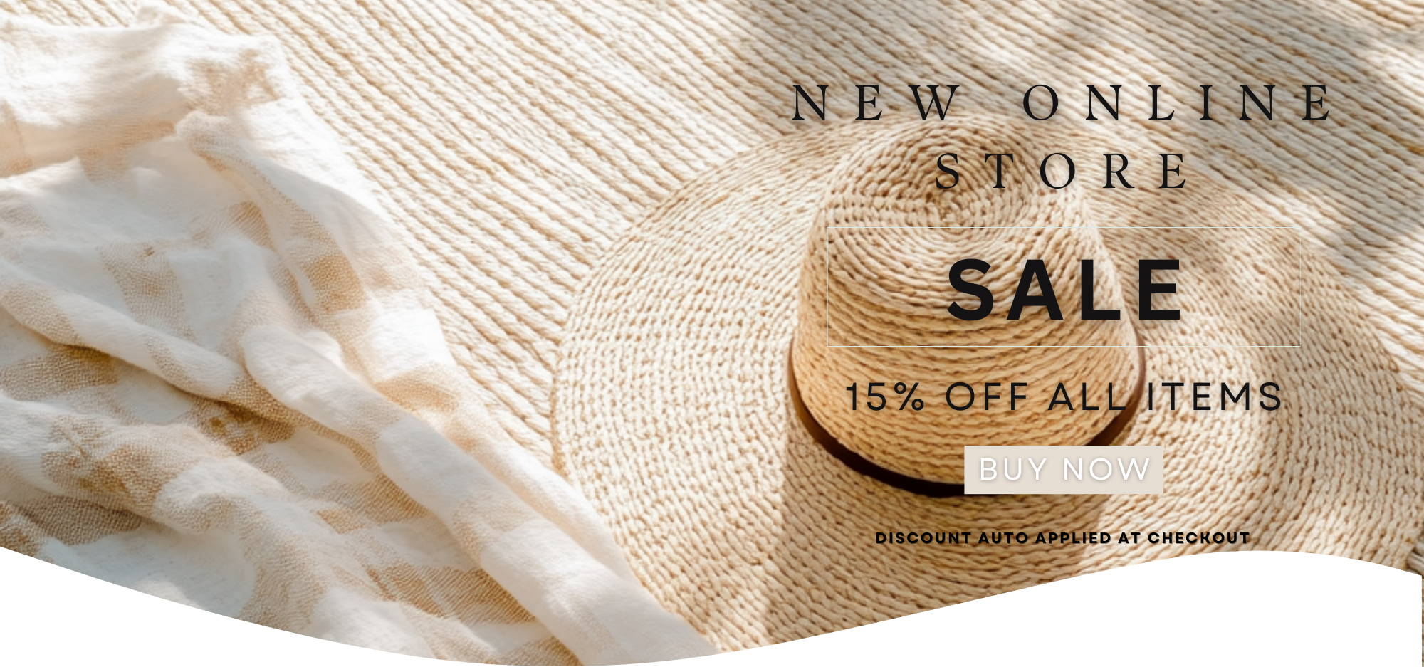 Promotional banner for a new online store sale with a straw hat and scarf.