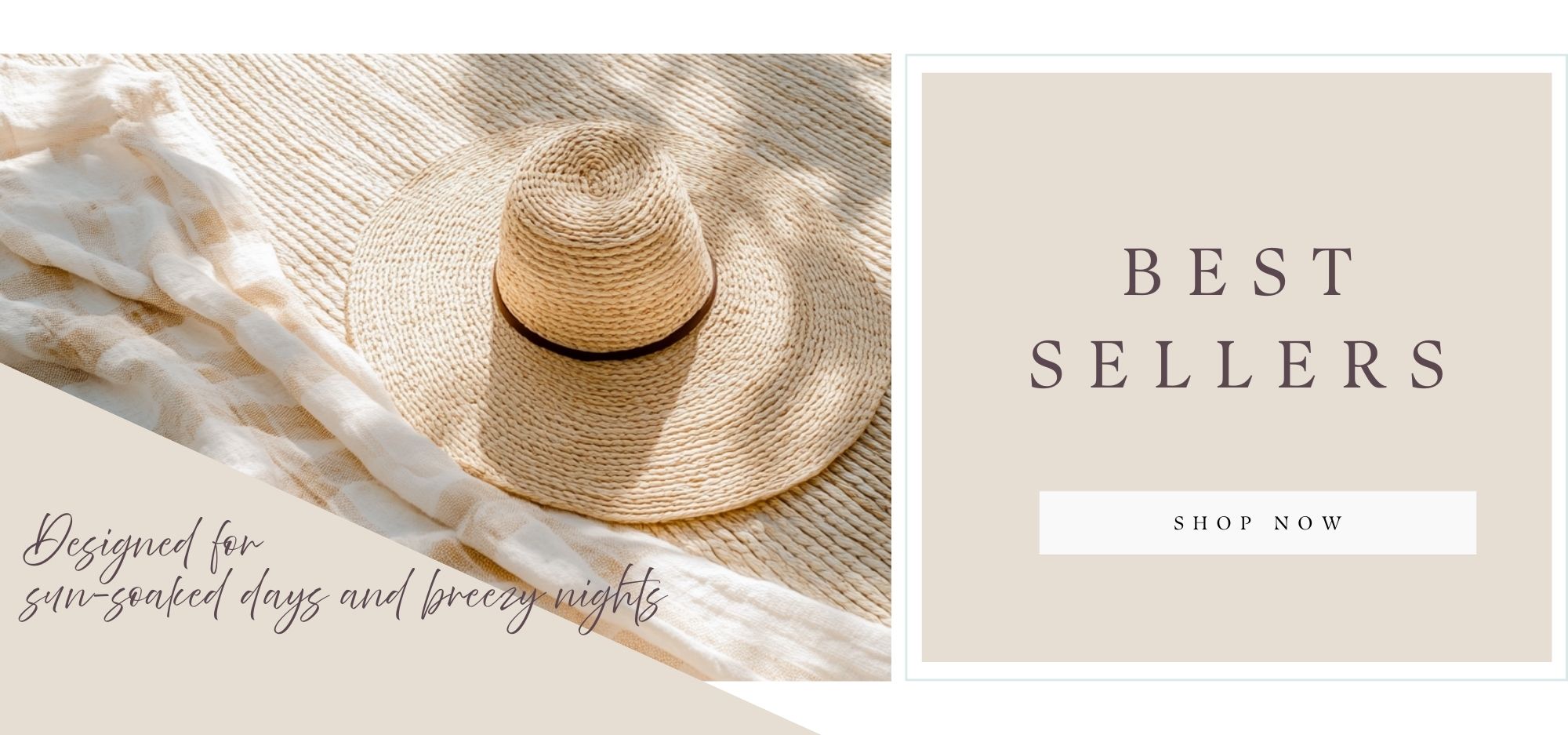 Straw hat on a textured surface with 'Best Sellers' text and 'Shop Now' button.
