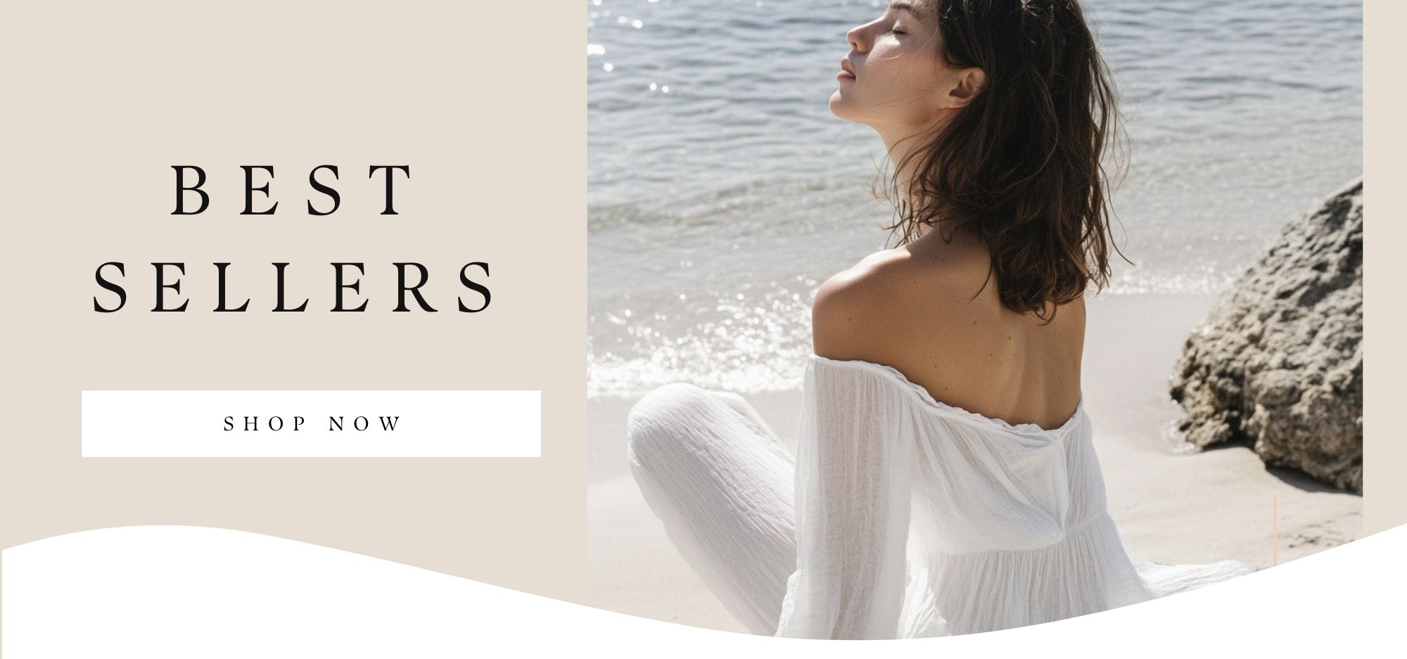 Woman in a white outfit sitting on a beach with 'Best Sellers' text and 'Shop Now' button.