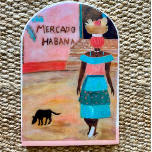 Decorative tile of a woman with a basket on her head in front of a building labeled 'Mercado Habana' on a textured surface.