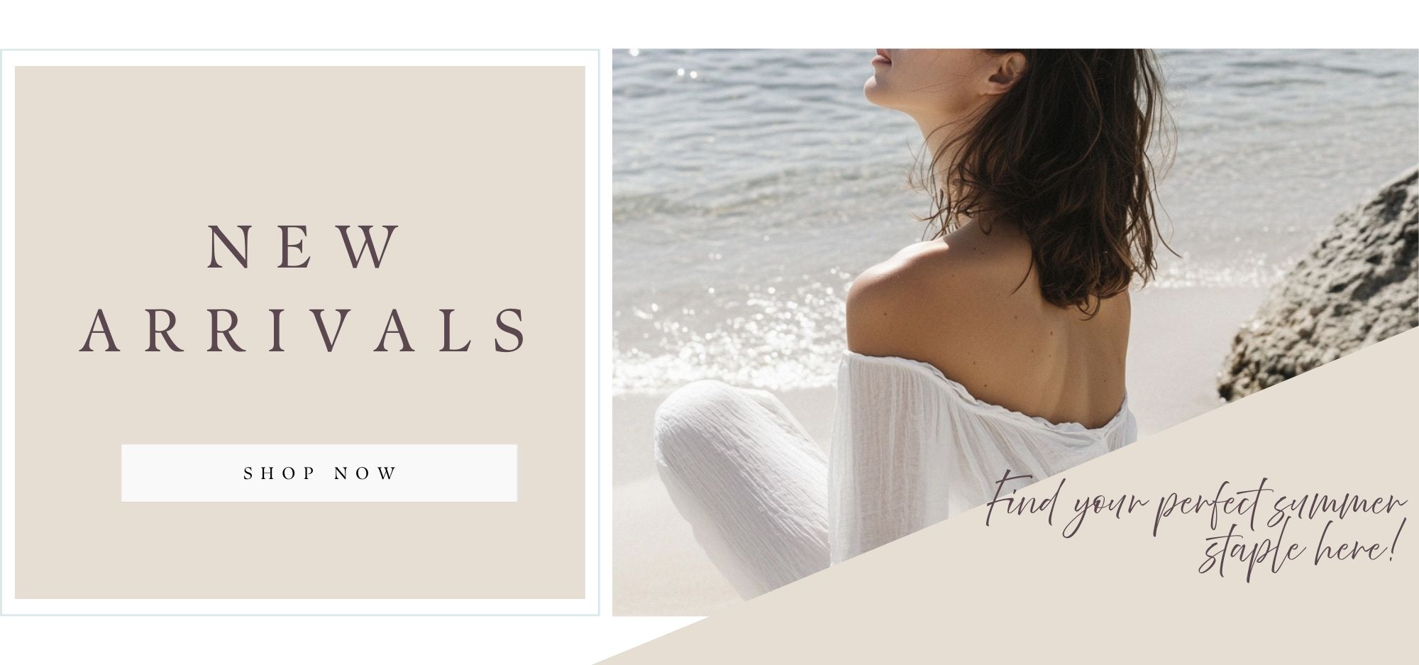 Promotional banner with 'New Arrivals' text and a woman in a white dress by the water.