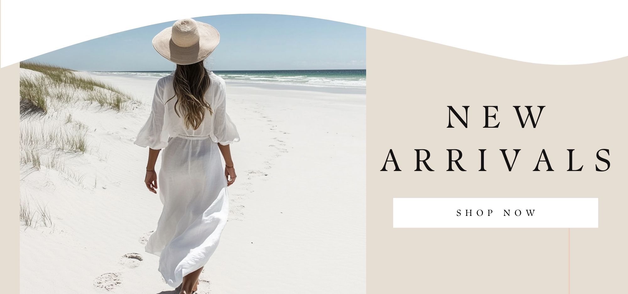 Woman in a white dress and hat walking on a sandy beach with 'New Arrivals' text and 'Shop Now' button.