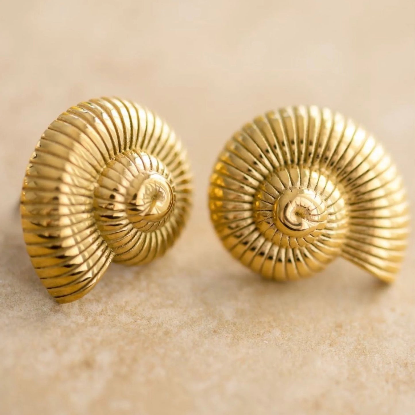 Pair of gold shell-shaped earrings on a beige background
