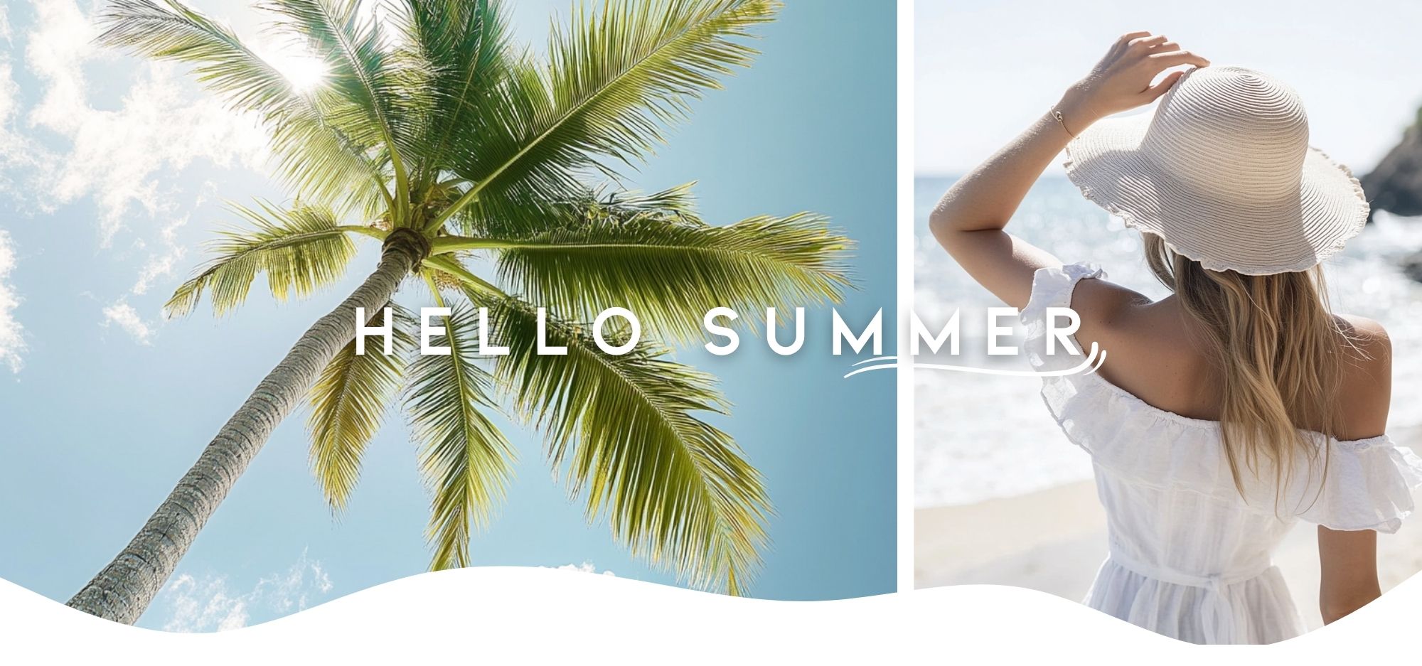 Palm tree with 'Hello Summer' text and a woman in a white dress and hat on the beach looking at the water.