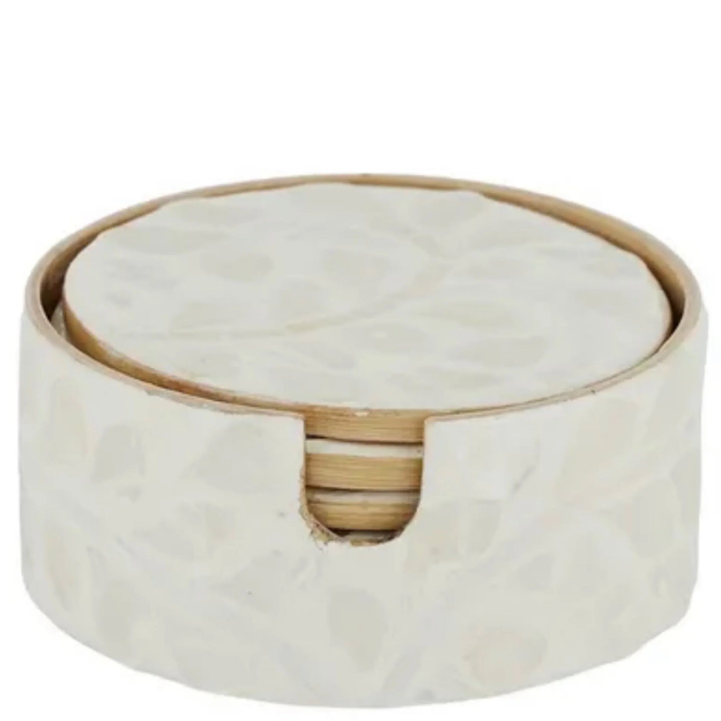 Round beige coaster set with a wooden border on a white background