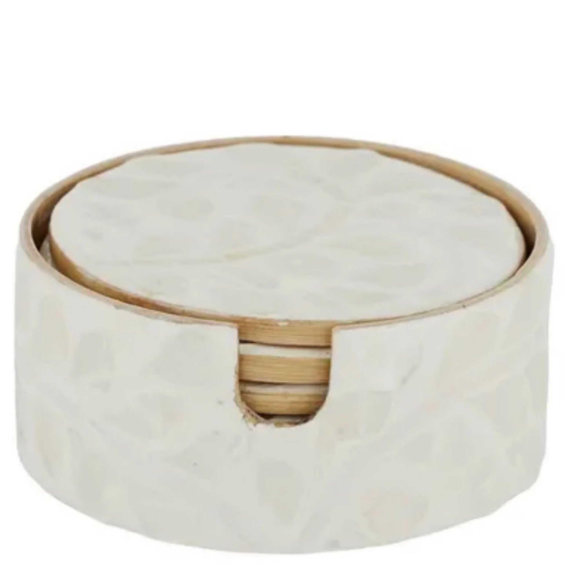 Round beige coaster set with a wooden border on a white background